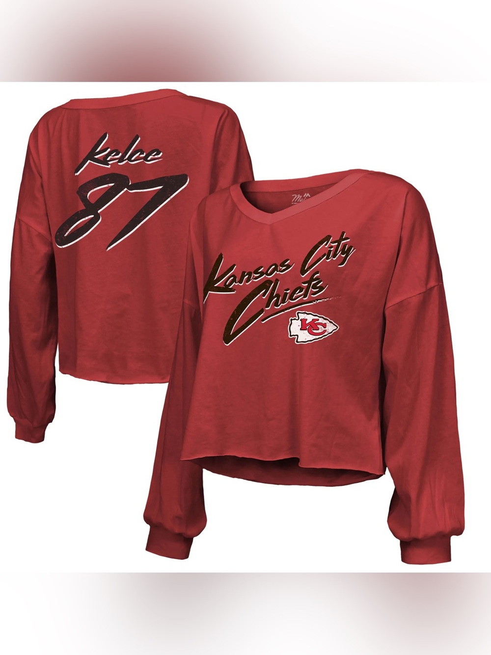 Majestic Threads Travis Kelce 87 Kansas City Chiefs Red Cropped Long Sleeve Tee